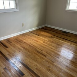 Empty room with two windows and hardwood floors, sunlight shining on the floor, beige walls, and white trim.