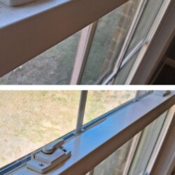 Two photos show a double-hung window with a broken latch and a missing lock piece on the window frame.