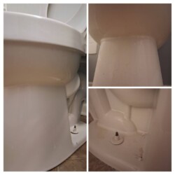 Three close-up views of the base of a white toilet, showing some dirt and discoloration near the floor and bolts.