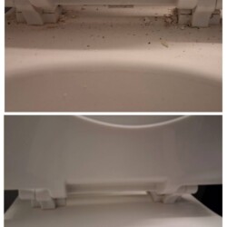 Top: dirty toilet seat hinges; bottom: same toilet seat cleaned, showing no visible dirt.